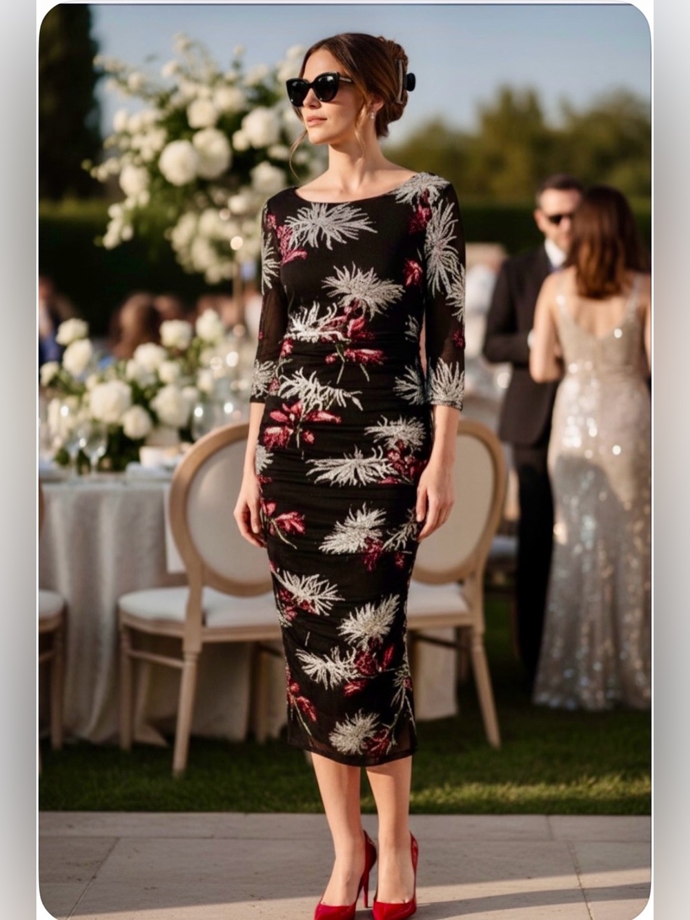 DVF Black Floral Ruched Scoop-Neck Midi Dress